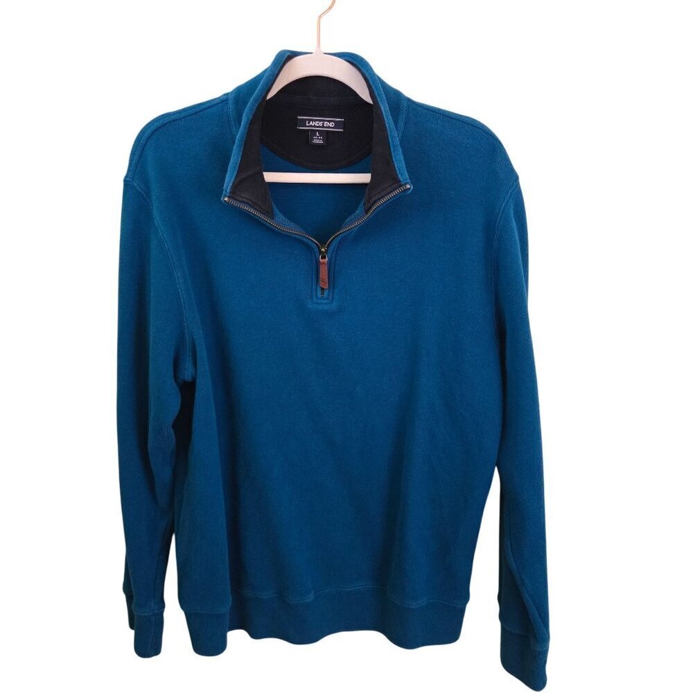 Lands' End 100% Cotton 1/4 Zip Blue Pullover Size L